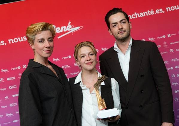 Winner of Best Flemish Film, Julian of Cato Kusters, Michiel D Hondt and Laurence Roothooft pose for the photographer at the 15th edition of the Rene du Cinema film awards ceremony, Saturday 07 March 2026, in Brussels. The awards are rewarded to movies of Belgian French-speaking producers.  EMILExWINDAL 166821593