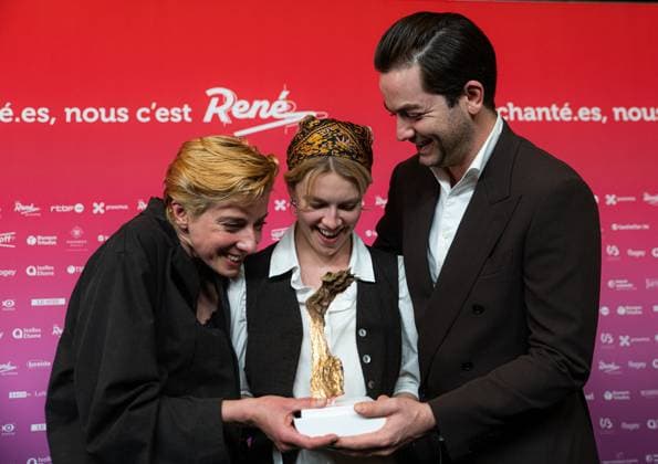 Winner of Best Flemish Film, Julian of Cato Kusters, Michiel D Hondt and Laurence Roothooft pose for the photographer at the 15th edition of the Rene du Cinema film awards ceremony, Saturday 07 March 2026, in Brussels. The awards are rewarded to movies of Belgian French-speaking producers.  EMILExWINDAL 166821596