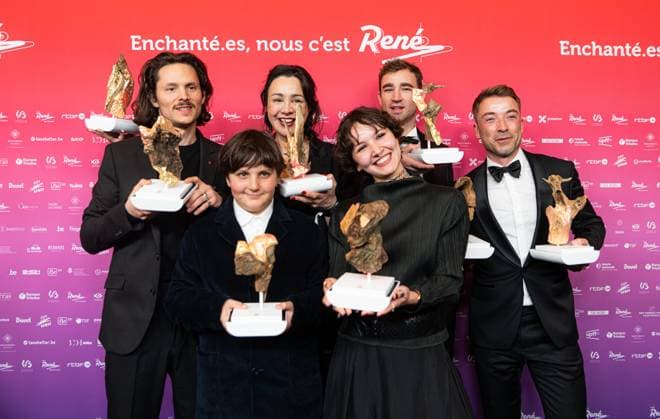 Multiple winner On vous croit team pose for the photographer at the 15th edition of the Rene du Cinema film awards ceremony, Saturday 07 March 2026, in Brussels. The awards are rewarded to movies of Belgian French-speaking producers.  EMILExWINDAL 166821876