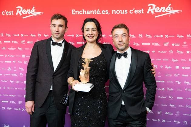 Winner of the Best Film Award, On vous croit of Charlotte Devillers and Arnaud Dufeys, Winner of the Best Actress Award, Myriem Akheddiou (On vous croit) and Arnaud Ponthiere, producer On vous croit pictured at the 15th edition of the Rene du Cinema film awards ceremony, Saturday 07 March 2026, in Brussels. The awards are rewarded to movies of Belgian French-speaking producers.  EMILExWINDAL 166821882
