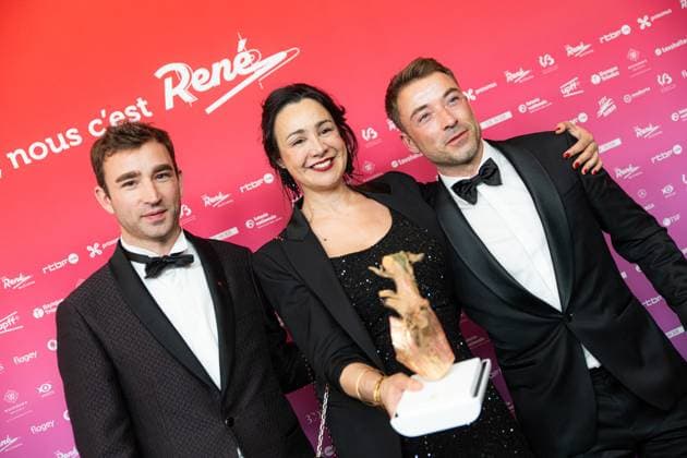 Winner of the Best Film Award, On vous croit of Arnaud Dufeys, Winner of the Best Actress Award, Myriem Akheddiou (On vous croit) and Arnaud Ponthiere, producer On vous croit pictured at the 15th edition of the Rene du Cinema film awards ceremony, Saturday 07 March 2026, in Brussels. The awards are rewarded to movies of Belgian French-speaking producers.  EMILExWINDAL 166821912