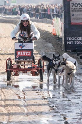 abb Simone Thomalla Teilnehmerin mit Hunden am Strand bei 10.Jahre Baltic Lights 2026 Promi Charity Schlittenhunderennen zu Gunsten der Welthungerhilfe an der Ostsee zwischen der Seebruecke Ahlbeck und der Seebruecke Heringsdorf ,Samstag 07.03.2026 in Heringsdorf MV Deutschland