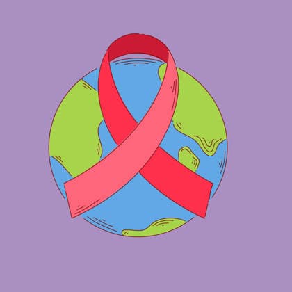 Illustration der Welt mit symbolischem roten Band zur Sensibilisierung Earth wrapped in red ribbon signaling global HIV awareness and solidarity, flat illustration of planet centered on pastel purple (License=RF) Copyright: xZoonar.com VolhaxSarkisianx 24744288