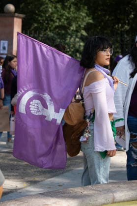 Mexico International Women™s Day A woman holds a feminist flag while taking part during a demonstration in Queretaro to commemorate the International Women s Day to demand equality gender and women s rights. Thousands of women around the world are joining the global International Women s Day strike. on March 8, 2026 in Queretaro, Mexico. (Photo by Jose Carrera Eyepix Group) Copyright: xJosexCarrera xEyepixxGroupx JFC_08032026_177615