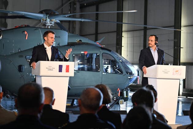 Macron, Christodoulides And Mitsotakis Joint Press Conference At Cyprus Air Base - Paphos French President Emmanuel Macron (left), Cyprus President Nikos Christodoulides (right) during a joint news conference at Andreas Papandreou Air Base in Paphos, Cyprus, Monday, March 9, 2026. The leaders addressed regional cooperation and security issues during their meeting on the island. Photo by Jeanne Accorsini Pool ABACAPRESS.COM Paphos Cyprus  Copyright: xAccorsinixJeanne Pool ABACAx