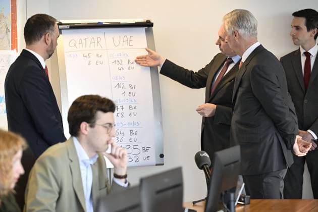 King Philippe visits the Crisis Centre of the SPF-FOD BRUSSELS, BELGIUM - MARCH 09 : King Philippe visits the Crisis Centre of the SPF-FOD. Foreign Affairs to facilitate the registration of Belgian real estate in Moyen-Orient and to contribute to the return of new partners and cooperation with Belgian diplomatic posts and defense services. During your visit, you will be informed about the current situation in the consular situation and the developments in the region regarding your geographic plan. It is accompanied by Maxime Prevot (Minister for Foreign Affairs) on March 9, 2026 in Brussels, Belgium, 09 03 2026 Brussels Belgium  Copyright: xDidierxLebrunx