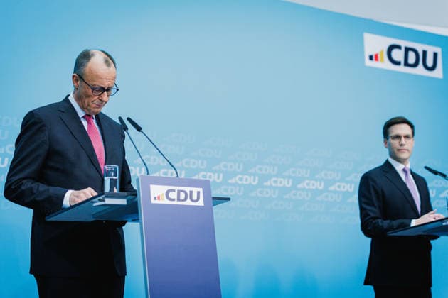 Friedrich Merz (CDU), Bundeskanzler, und Manuel Hagel (CDU), Landesvorsitzender und Spitzenkandidat in Baden-Wuerttemberg, aufgenommen bei einer Pressekonferenz in der CDU Parteizentrale im Konrad-Adenauer-Haus. Berlin, 09.03.2026. Berlin Deutschland *** Friedrich Merz CDU , Federal Chancellor, and Manuel Hagel CDU , State Chairman and top candidate in Baden Wuerttemberg, recorded at a press conference at the CDU party headquarters in the Konrad Adenauer Haus Berlin, 09 03 2026 Berlin Germany Copyright: xNeelexJanssenx