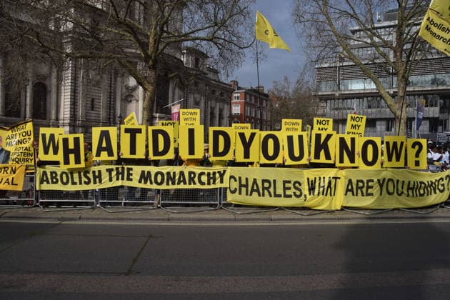 March 9, 2026, London, England, United Kingdom: Activists from the anti-monarchy group Republic stage a protest outside Westminster Abbey ahead of the arrival of King Charles III and other members of the royal family on Commonwealth Day. London United Kingdom - ZUMAv130 20260309_zip_v130_044 Copyright: xVukxValcicx