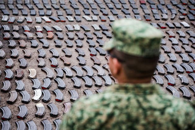 Mexican Army destroys seized weapons in Sinaloa SINALOA, MEXICO - MARCH 09: The Mexican Army destroy 610 long guns and 92 handguns, as well as 5,013 magazines and 316,036 rounds of ammunition during an official ceremony at the 9th Military Zone in Sinaloa, Mexico, on March 09, 2026. These weapons were seized from organized crime during recent federal operations in Sinaloa. Among the destroyed weapons were Colt 1911 pistols with gold embellishments that may have belonged to drug traffickers. Weapons seizures have increased in recent months due to the greater military presence in Sinaloa amid the ongoing conflict between internal factions of the Sinaloa Cartel. Jesus Verdugo Anadolu Sinaloa Mexico. Editorial use only. Please get in touch fo  Copyright: x2026xAnadoluxJesusxVerdugox