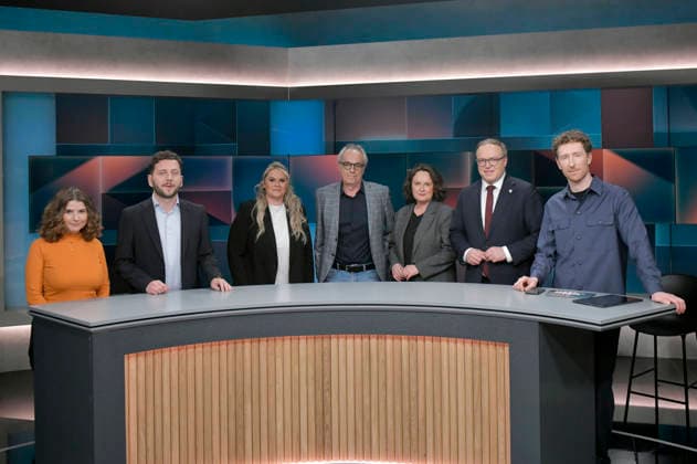 Özge Inan, Felix Banaszak, Christina Scheib, Christian Rach, Jana Hensel, Mario Voigt und Luis Klamroth in der ARD-Talkshow hart aber fair im Studio Adlershof. Berlin, 09.03.2026