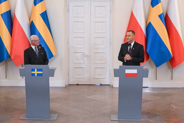 Swedish Royals visit Poland WARSAW, POLAND - MARCH 10: The President of Poland, Karol Nawrocki the King of Sweden Carl XVI Gustaf deliver a press conference at the Presidential Palace on March 10, 2024 in Warsaw, Poland. At the invitation of Polandd s President Karol Nawrocki, King Carl XVI Gustaf and Queen Silvia of Sweden are paying a visit to Poland from March 10 to 12. The royal couple will be accompanied by the ministers of foreign affairs, defense, civil defense, and culture. Omar Marques Anadolu Warsaw Poland. Editorial use only. Please get in touch for any other usage.  Copyright: x2026xAnadoluxOmarxMarquesx