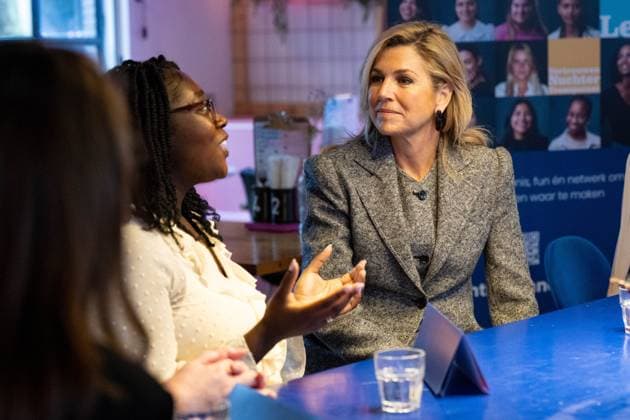 Amsterdam, The Netherlands, 2026-03-11 11:31:46 AMSTERDAM, March 11, 2026, LAB111 Queen Maxima presenting a workbook to the Anne-Bo Foundation at LAB111 in Amsterdam. The foundation focuses on girls for whom studying is not a given, for example, because they grow up in poverty, have a history of refugee status, or come from youth care. PHOTO: NLBeeld Patrick van Emst Credit: NL Beeld Patrick van Emst  Copyright: xx x