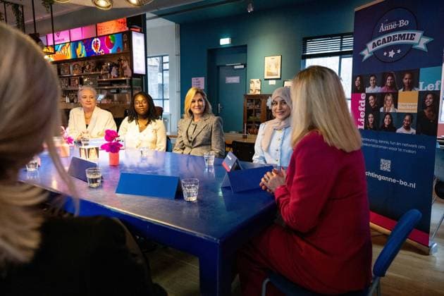 Amsterdam, The Netherlands, 2026-03-11 11:30:09 AMSTERDAM, March 11, 2026, LAB111 Queen Maxima presenting a workbook to the Anne-Bo Foundation at LAB111 in Amsterdam. The foundation focuses on girls for whom studying is not a given, for example, because they grow up in poverty, have a history of refugee status, or come from youth care. PHOTO: NLBeeld Patrick van Emst Credit: NL Beeld Patrick van Emst  Copyright: xx x