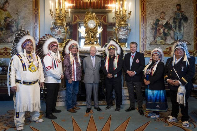 . 11 03 2026. London, United Kingdom. King Charles III with from left ; Grand Chief Joey Pete Grand Chief of the Confederacy of Treaty No. 6, Chief Edwin Ananas Beardy s and Okemasis Cree Nation, Chief Daryl Watson Mistawasis Nêhiyawak, Chief Larry Ahenkew Ahtahkakoop Cree Nation, Councillor Gary LaPlante Stoney Knoll First Nation, Chief Christine Longjohn Sturgeon Lake First Nation and Chief Desmond Bull Louis Bull Tribe, who are seven elected representatives of First Nations signatories to Treaty Number Six, the 1876 treaty between the Crown and First Nations in modern-day Saskatchewan and Alberta, Canada, during an audience at Buckingham Palace in London. xPoolx xi-Imagesx IIM-26627-0001