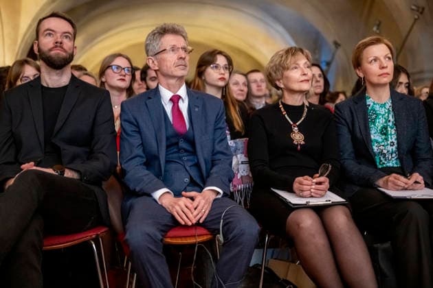 Opening ceremony of the 28th One World human rights documentary film festival on 11 March 2026 in Prague, Czech Republic. The Homo Homini award for human rights advocacy was given to Mikola Statkevich, a political prisoner and one of the main figures of the democratic Belarusian opposition. His wife Marina Adamovic (2nd right) received the award. From left One World festival director Ondrej Kamenicky and Senate President Milos Vystrcil. (CTKxPhoto VitxSimanek) CTKPhotoP2026031109498  CTKPhotoP2026031109498