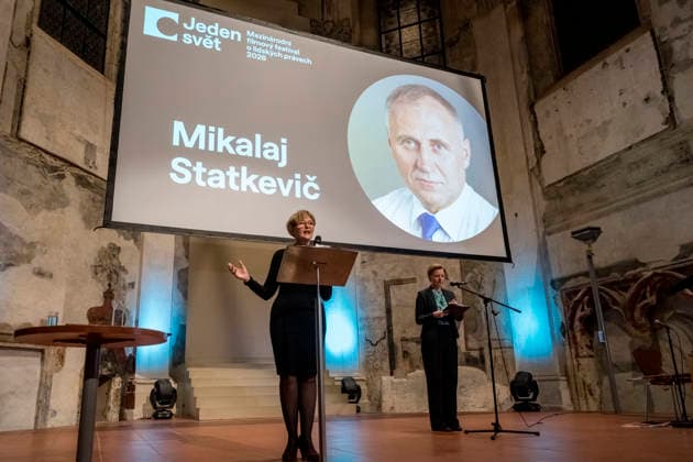 Opening ceremony of the 28th One World human rights documentary film festival on 11 March 2026 in Prague, Czech Republic. The Homo Homini award for human rights advocacy was given to Mikola Statkevich, a political prisoner and one of the main figures of the democratic Belarusian opposition. His wife Marina Adamovic, left, received the award. (CTKxPhoto VitxSimanek) CTKPhotoP2026031109556  CTKPhotoP2026031109556