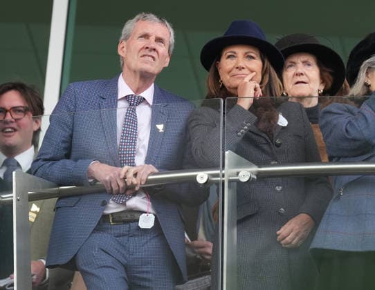 Ladies Day at Cheltenham Festival Brendan Moran and Carole Middleton cheer on the racing as they attend Ladies Day at Cheltenham Festival, Cheltenham Racecourse, Cheltenham, Gloucestershire, UK, on the 11th March 2026 Picture by James Whatling Cheltenham Cheltenham Racecourse Gloucestershire United Kingdom  WHA-0810