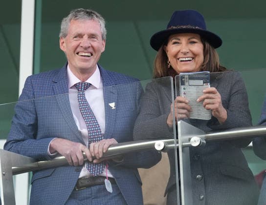 Ladies Day at Cheltenham Festival Brendan Moran and Carole Middleton cheer on the racing as they attend Ladies Day at Cheltenham Festival, Cheltenham Racecourse, Cheltenham, Gloucestershire, UK, on the 11th March 2026 Picture by James Whatling Cheltenham Cheltenham Racecourse Gloucestershire United Kingdom  WHA-0810