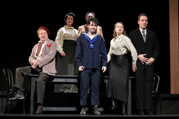 Gerhard Mohr, Alexa Maria Surholt, Oliver Nitsche, Adrian Djokic, Marie Schröder und Jakob Wenig bei der Fotoprobe zum Theaterstück Bekenntnisse des Hochstaplers Felix Krull im Schlosspark Theater. Berlin, 11.03.2026