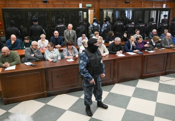 Russia Concert Hall Terrorist Attack Trial 9122325 12.03.2026 Representatives of parties attend a verdict hearing on a case of the terrorist attack at the Crocus City Hall near Moscow in 2024 at the Moscow City Court in Moscow, Russia. Armed men stormed the Crocus City Hall music venue on March 22 last year, opening fire and then setting the building alight in the attack that left dozens of people dead and several hundred injured. Grigory Sysoev Sputnik Moscow Russia  Copyright: xGrigoryxSysoevx