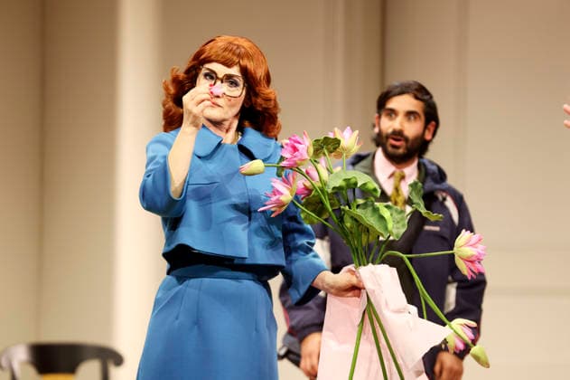 Katharine Mehrling und Tanju Bilir bei der Fotoprobe zum Theaterstück Sophia oder Das Ende der Humanisten im Renaissance-Theater. Berlin, 11.03.2026