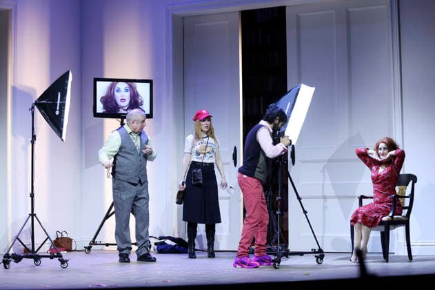 Joachim Krol, Christin Nichols, Tanju Bilir und Katharine Mehrling bei der Fotoprobe zum Theaterstück Sophia oder Das Ende der Humanisten im Renaissance-Theater. Berlin, 11.03.2026