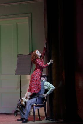 Katharine Mehrling (als Sophia) und Joachim Krol (als Wolfgang) während der Fotoprobe für Sophia oder Das Ende der Humanisten im Renaissance-Theater in Berlin, 11. März 2026. Von Moritz Rinke. Regie Guntbert Warns. Bühne Momme Röhrbein. Kostüme Ariane Warns. Premiere ist am 15. März 2026. Renaissance Theater Berlin Sophia oder Das Ende der Humanisten