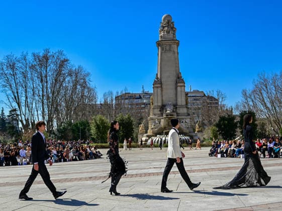 March 12, 2026, Madrid, Madrid, SPAIN: Models walk the runway on the urban catwalk set up in Plaza de EspaoÂ±a during the opening event of OMODA Madrid es Moda, marking the start of Madrid Fashion Week. The show brings together 25 Spanish independent fashion designers in one of the capital s most iconic locations. Madrid SPAIN - ZUMAz108 20260312_znp_z108_009 Copyright: xRichardxZubelzux