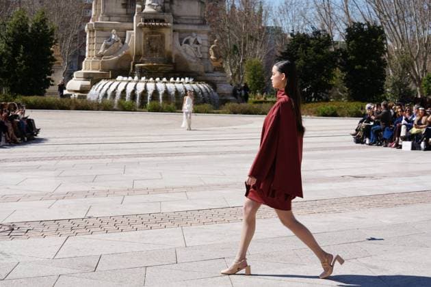 March 12, 2026, Madrid, Madrid, SPAIN: Models walk the runway on the urban catwalk set up in Plaza de Espana during the opening event of OMODA Madrid es Moda, marking the start of Madrid Fashion Week. The show brings together 25 Spanish independent fashion designers in one of the capital s most iconic locations Cordon Press 