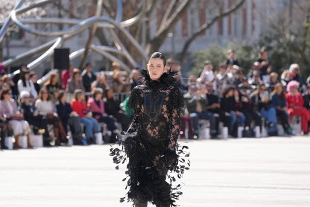 March 12, 2026, Madrid, Madrid, SPAIN: Models walk the runway on the urban catwalk set up in Plaza de Espana during the opening event of OMODA Madrid es Moda, marking the start of Madrid Fashion Week. The show brings together 25 Spanish independent fashion designers in one of the capital s most iconic locations Cordon Press 