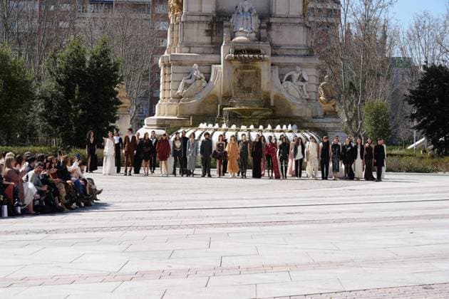 March 12, 2026, Madrid, Madrid, SPAIN: Models walk the runway on the urban catwalk set up in Plaza de Espana during the opening event of OMODA Madrid es Moda, marking the start of Madrid Fashion Week. The show brings together 25 Spanish independent fashion designers in one of the capital s most iconic locations Cordon Press 
