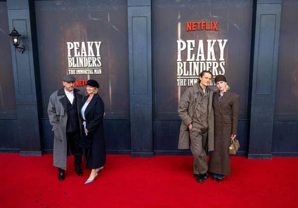Kino, Filmpremiere von Peaky Blinders, The Immortal Man im Kino International in Berlin, im Bild v. l. Trainer Steffen Baumgart (1. FC Union Berlin) und Frau Katja, Fabian Reese (Hertha BSC), Johanna Jojo Grünewald (Freundin von Fabian Reese Hertha BSC), 12.03. 2026, Copyright: xMatthiasxKochx