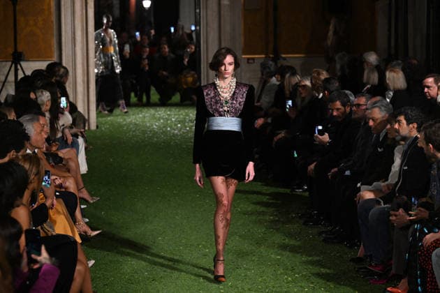 Valentino Runway - Rome A model walks the runway at Italian fashion house Valentino Show ‘Interferenze’ Fall Winter 2026 collection at Palazzo Barberini in Rome, Italy on March 12, 2026, two months after the death of founder Valentino Garavani. Italian fashion house Valentino returned to its roots with an evocative catwalk show held in the galleries of the Palazzo Barberini, a Baroque palace now home to masterpieces of the greatest artists of the Renaissance. Photo by Eric Vandeville ABACAPRESS.COM Rome Italy  Copyright: xVandevillexEric ABACAx