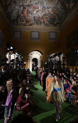 Valentino Runway - Rome Models walk the runway under Pietro da Cortona s spectacular ceiling fresco, ‘The Triumph of Divine Providence’ at Italian fashion house Valentino Show ‘Interferenze’ Fall Winter 2026 collection at Palazzo Barberini in Rome, Italy on March 12, 2026, two months after the death of founder Valentino Garavani. Italian fashion house Valentino returned to its roots with an evocative catwalk show held in the galleries of the Palazzo Barberini, a Baroque palace now home to masterpieces of the greatest artists of the Renaissance. Photo by Eric Vandeville ABACAPRESS.COM Rome Italy  Copyright: xVandevillexEric ABACAx