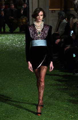 Valentino Runway - Rome A model walks the runway at Italian fashion house Valentino Show ‘Interferenze’ Fall Winter 2026 collection at Palazzo Barberini in Rome, Italy on March 12, 2026, two months after the death of founder Valentino Garavani. Italian fashion house Valentino returned to its roots with an evocative catwalk show held in the galleries of the Palazzo Barberini, a Baroque palace now home to masterpieces of the greatest artists of the Renaissance. Photo by Eric Vandeville ABACAPRESS.COM Rome Italy  Copyright: xVandevillexEric ABACAx