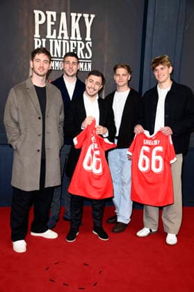 Carl Klaus, Andrej Ilic, Josip Juranovic, Andras Schäfer und Aljoscha Kemlein bei der Premiere des Netflix-Films Peaky Blinders: The Immortal Man im Kino International. Berlin, 12.03.2026