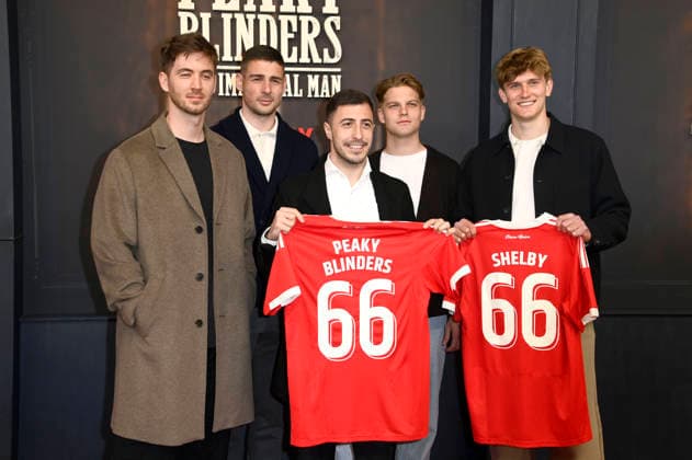 Carl Klaus, Andrej Ilic, Josip Juranovic, Andras Schäfer und Aljoscha Kemlein bei der Premiere des Netflix-Films Peaky Blinders: The Immortal Man im Kino International. Berlin, 12.03.2026