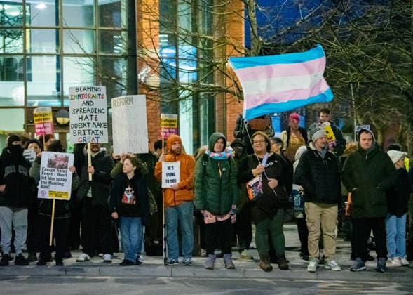 March 12, 2026, Swindon, Wiltshire, UK: Swindon, UK. A protest takes place outside the venue before Nigel Farage, the leader of the political party Reform UK, speaks at a Reform UK Swindon Local Election Rally with local MP Danny Kruger and hosted by Reform Chairman Dr. David Bull at the Meca Swindon venue, in the run up to the local elections in May. Swindon UK  - ZUMAl94_ 20260312_zaf_l94_027 Copyright: xSimonxChapmanx