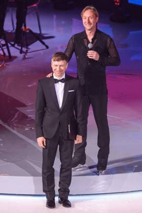 RUSSIA, ST PETERSBURG - MARCH 12, 2026: Figure skaters Alexei Yagudin (L) and Evgeni Plushenko perform during a concert marking Russian figure skating coach Alexei Mishin s 85th birthday at Yubileyny Sports Palace. Peter Kovalev TASS  89962794