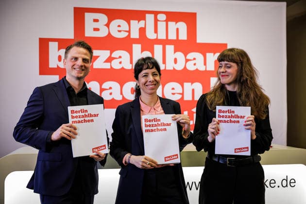 Maximilian Schirmer, Elif Eralp, Kerstin Wolter, Pressekonferenz der Linken Berlin zur Vorstellung ihres Wahlprogramms, 13.3.2026, Karl-Liebknecht-Haus, Berlin, Deutschland *** Maximilian Schirmer, Elif Eralp, Kerstin Wolter, Press conference of the Left Party Berlin to present their election program, 13 3 2026, Karl Liebknecht Haus, Berlin, Germany 10466_linke_berlin_kreativmediapress