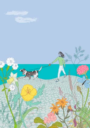 Frau geht mit einem Hund auf einem Strand zwischen Frühlingsblumen *** Woman walking with a dog on a beach among spring flowers  Copyright: xTrinaxDalzielx 12000047 RECORD DATE NOT STATED