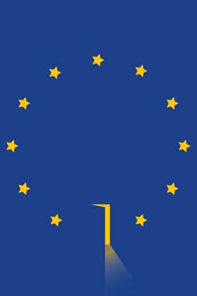 EU-Flagge mit beleuchteter offener Tür und fehlendem Stern *** EU flag with illuminated open door and missing star  Copyright: xBenjaminxHartex 12610032 RECORD DATE NOT STATED
