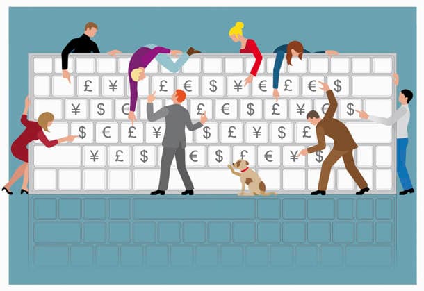 Viele Menschen deuten auf verschiedene Währungssymbole auf großer Computertastatur *** Many people point to different currency symbols on large computer keyboards  Copyright: xKlausxMeinhardtx 21140010 RECORD DATE NOT STATED
