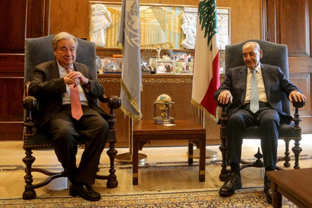 March 13, 2026, Beirut, Beirut, Lebanon: Lebanese Speaker of the Parliament Nabih Berri R meets Secretary-General of the United Nations AntoÂ³nio Guterres in Beirut. Guterres called on Israel and pro-Iranian Hezbollah to stop the war at the start of a visit to Beirut, saying it was no longer the time of armed groups . Guterres arrived in Beirut as the war in Lebanon claimed more than 687 lives since March 2, according to the Lebanese health ministry. Beirut Lebanon  - ZUMAn313 20260313_zip_n313_016 Copyright: xMarwanxNaamanix