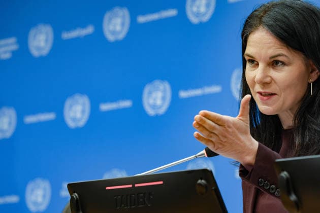 March 13, 2026, New York, New York, USA: ANNALENA BAERBOCK, President of the eightieth session of the UNGeneral Assembly, briefs the press on the Commission on the Status of Women (CSW) after its first week at United Nations Headquarters. The session drew high attendance from member states and civil society and came days after a historic opening vote in which delegates rejected U.S.-backed amendments and adopted the Agreed Conclusions by 37 votes to 1, with 6 abstentions. New York USA - ZUMAo116 20260313_znp_o116_011 Copyright: xBiancaxOterox