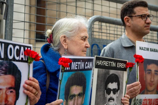 March 14, 2026, Istanbul, Istanbul, Turkey: Members of the Saturday Mothers gather behind police barricades during their 1094th weekly vigil at Galatasaray Square in Istanbul, Turkey, on March 14, 2026. The group commemorated Yusuf Eristi, who was forcibly disappeared after being detained by anti-terror police on March 14, 1991. Protesters demanded that the Constitutional Court rulings regarding the use of Galatasaray Square be implemented and called for truth and justice for Eristi and all victims of enforced disappearances. Istanbul Turkey - ZUMAt171 20260314_zip_t171_003 Copyright: xAbdullahxTepelix