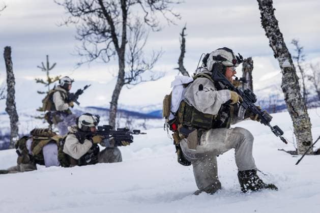 NATO Exercise Cold Response 2026 - Norway Norwegian soldiers of the Telemark Battalion in combat during the biennial NATO exercise Cold Response is being held in Bodo, Northern Norway, on March 14, 2026. 14 countries, including the Netherlands, are participating in the exercise with a total of 25,000 participants on land, in the air, and at sea. The goal of the exercise is to strengthen the northeastern flank of NATO territory. Photo by Robert Meerding NLBeeld Bruno Press ABACAPRESS.COM Bodo Norway  Copyright: xBrunoxPress ABACAx