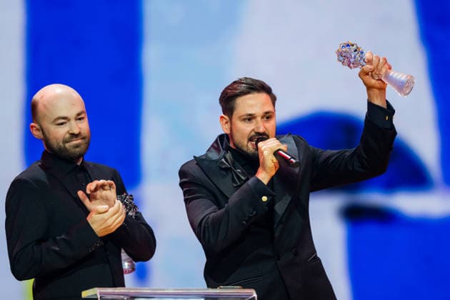 Czech Film and Television Academy (CFTA) presents Czech Lion annual film awards at the 33rd annual ceremony in Congress Centre Prague, on March 14, 2026. Jonatan Pastircak (right) and Ondrej Mikula received the award for Best Music for their film The Broken Voices. (CTKxPhoto OndrejxDeml) CTKPhotoP2026031406575  CTKPhotoP2026031406575