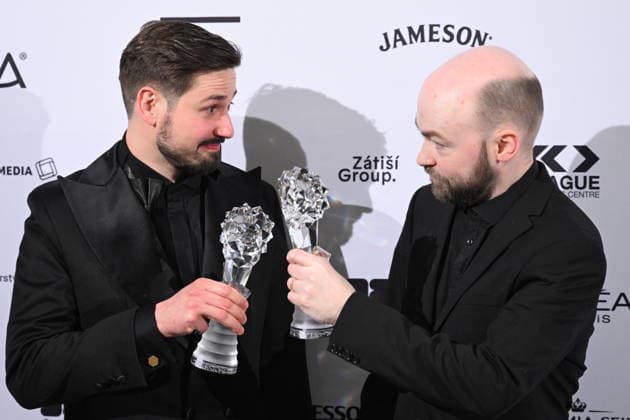 Czech Film and Television Academy (CFTA) presents Czech Lion annual film awards at the 33rd annual ceremony in Congress Centre Prague, on March 14, 2026. Jonatan Pastircak (left) and Ondrej Mikula received the award for Best Music for their film The Broken Voices. (CTKxPhoto MichalxKamaryt) CTKPhotoP2026031406591  CTKPhotoP2026031406591