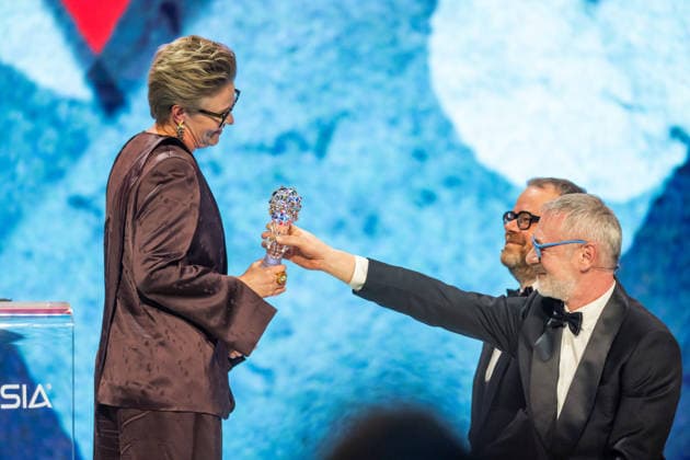 Czech Film and Television Academy (CFTA) presents Czech Lion annual film awards at the 33rd annual ceremony in Congress Centre Prague, on March 14, 2026. The Czech Lion for outstanding contribution to Czech cinema was awarded to Helena Bezdek Frankova, Director of the State Audiovisual Fund. The award was presented to her by actor Jiri Dvorak, right, and composer Petr Ostrouchov, 2nd from right. (CTKxPhoto OndrejxDeml) CTKPhotoP2026031406848  CTKPhotoP2026031406848